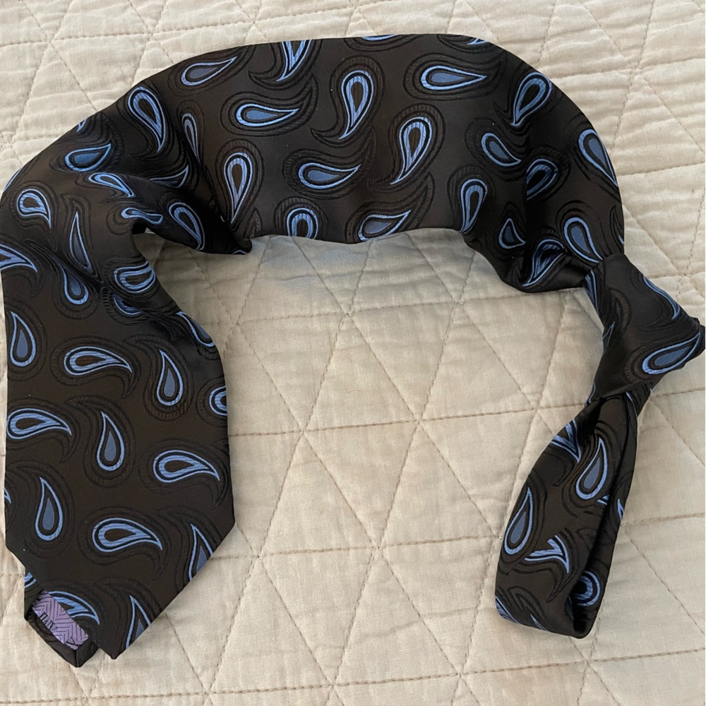 XMI Hand Made in USA Jacquard Paisley Print Silk Tie in Brown Blue‎ Black